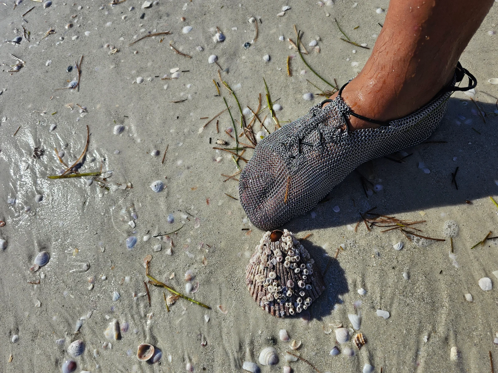 Foot Heros chainmail footwear worn on a beach among sand, shells and stones