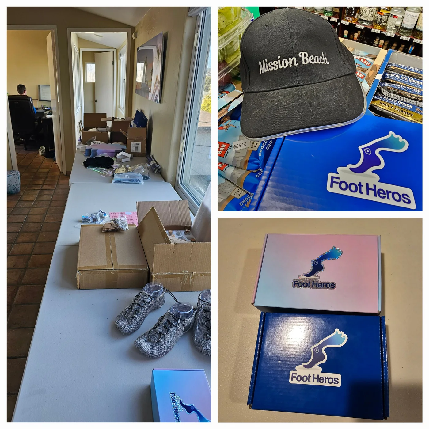 Foot Heros workshop, Mission Beach cap, and branded blue and iridescent packaging